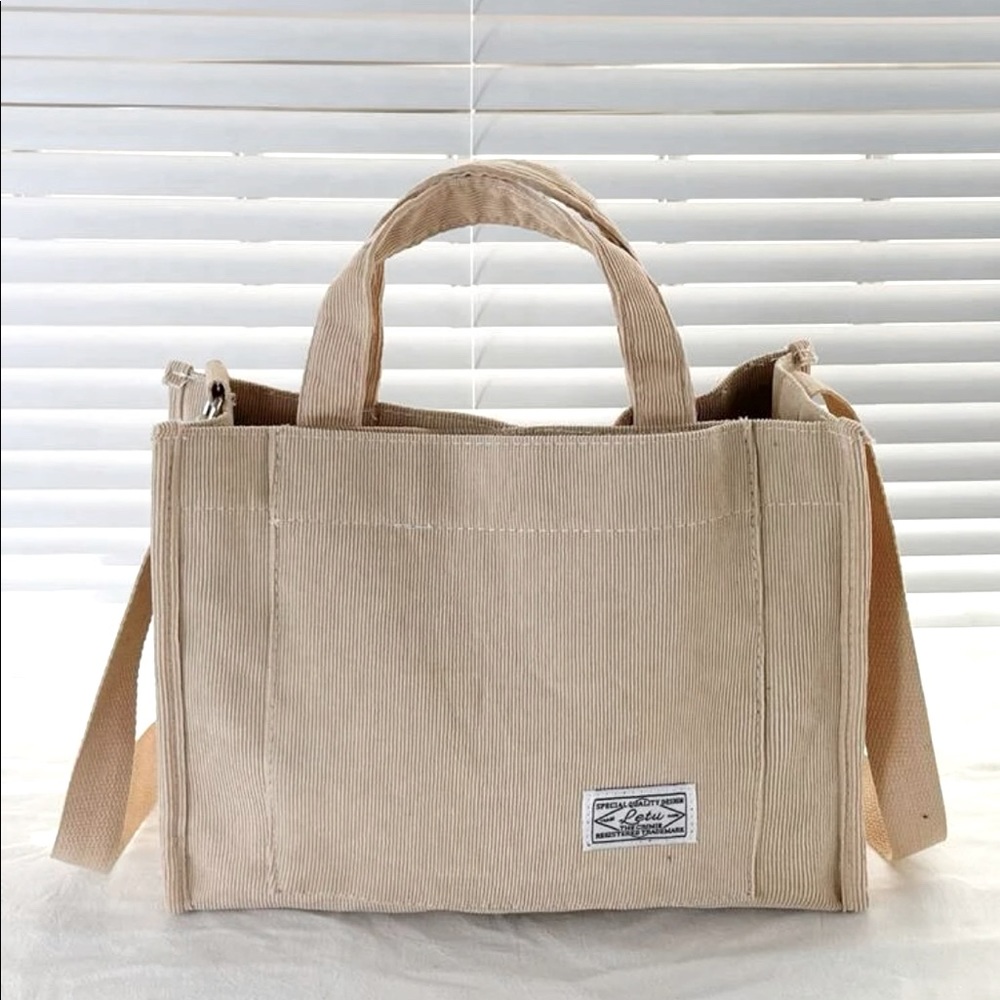 Letter Patch Corduroy Tote Bag